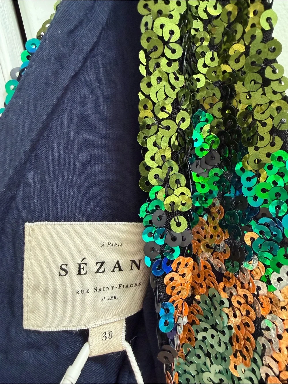 Sezane Sequined V-Neck Mini Dress in Green, Black & Copper - Picture 3 of 4